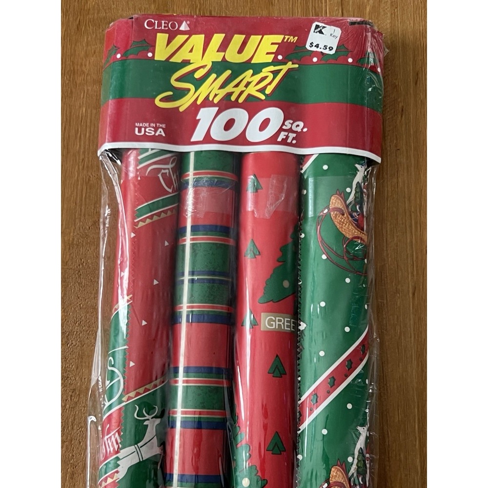 Vintage Cleo Christmas Gift Wrap 4 Rolls 100 Sq Ft NOS Wrapping Paper USA Santa